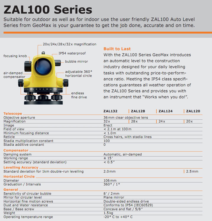 Geomax Surveying Level Specifications