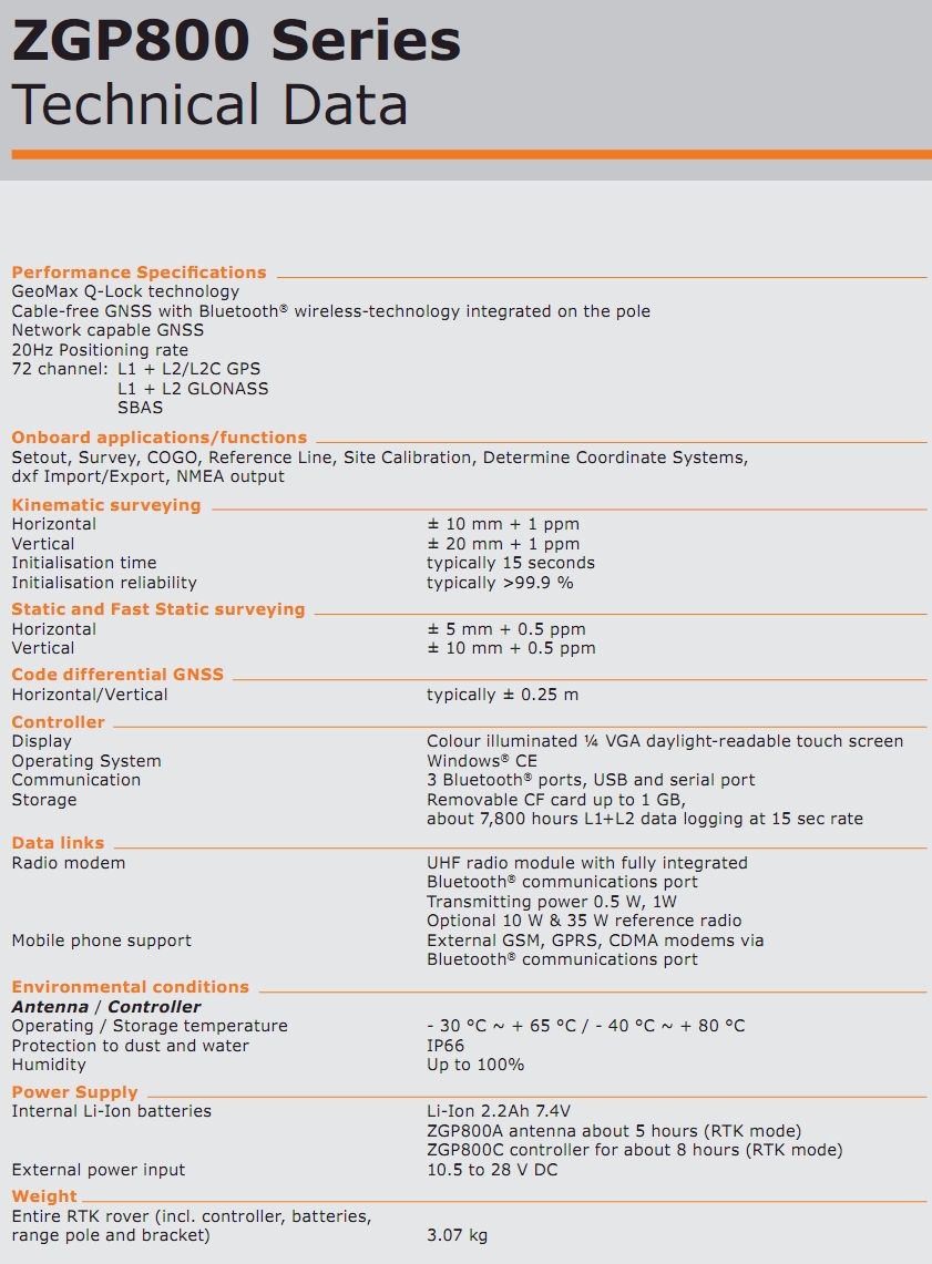 GeoMax ZGP800 Technical Specs GeoMax GPS ZGP-800 Technical Specs India