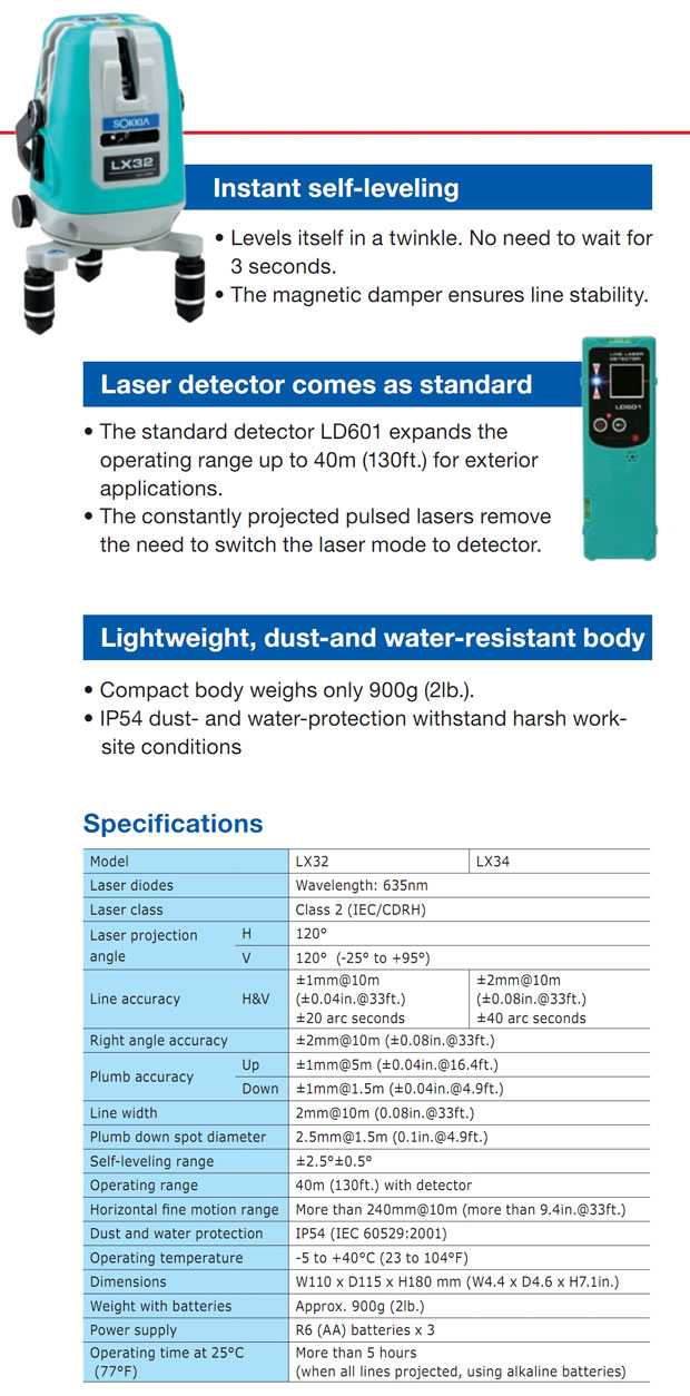 Sokkia Crossline Laser LX-32-34 Features